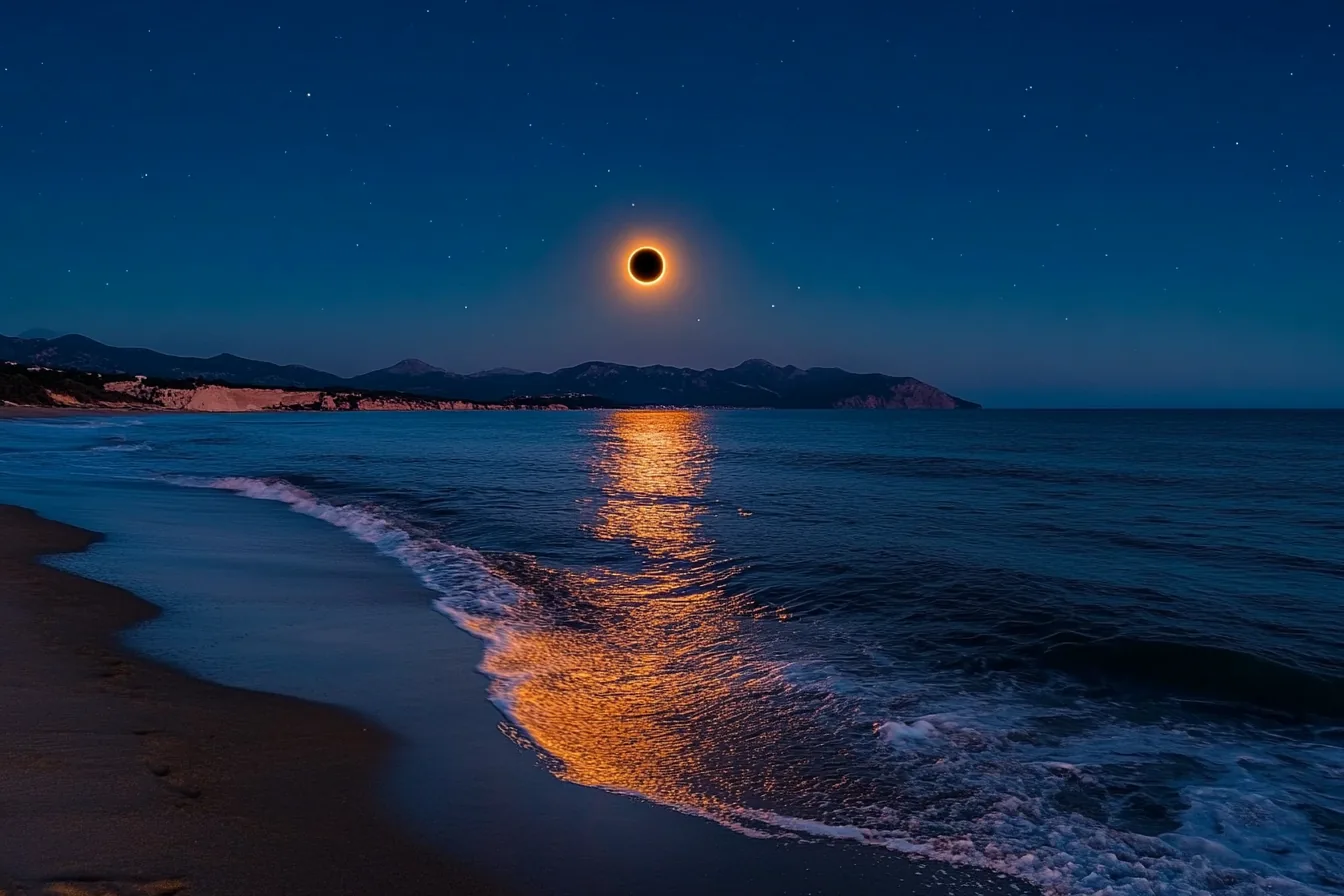 Eclipse solar total con corona dorada