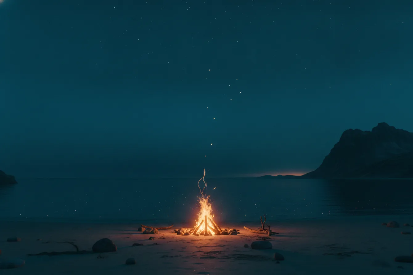 Hoguera encendida en la orilla del mar de noche