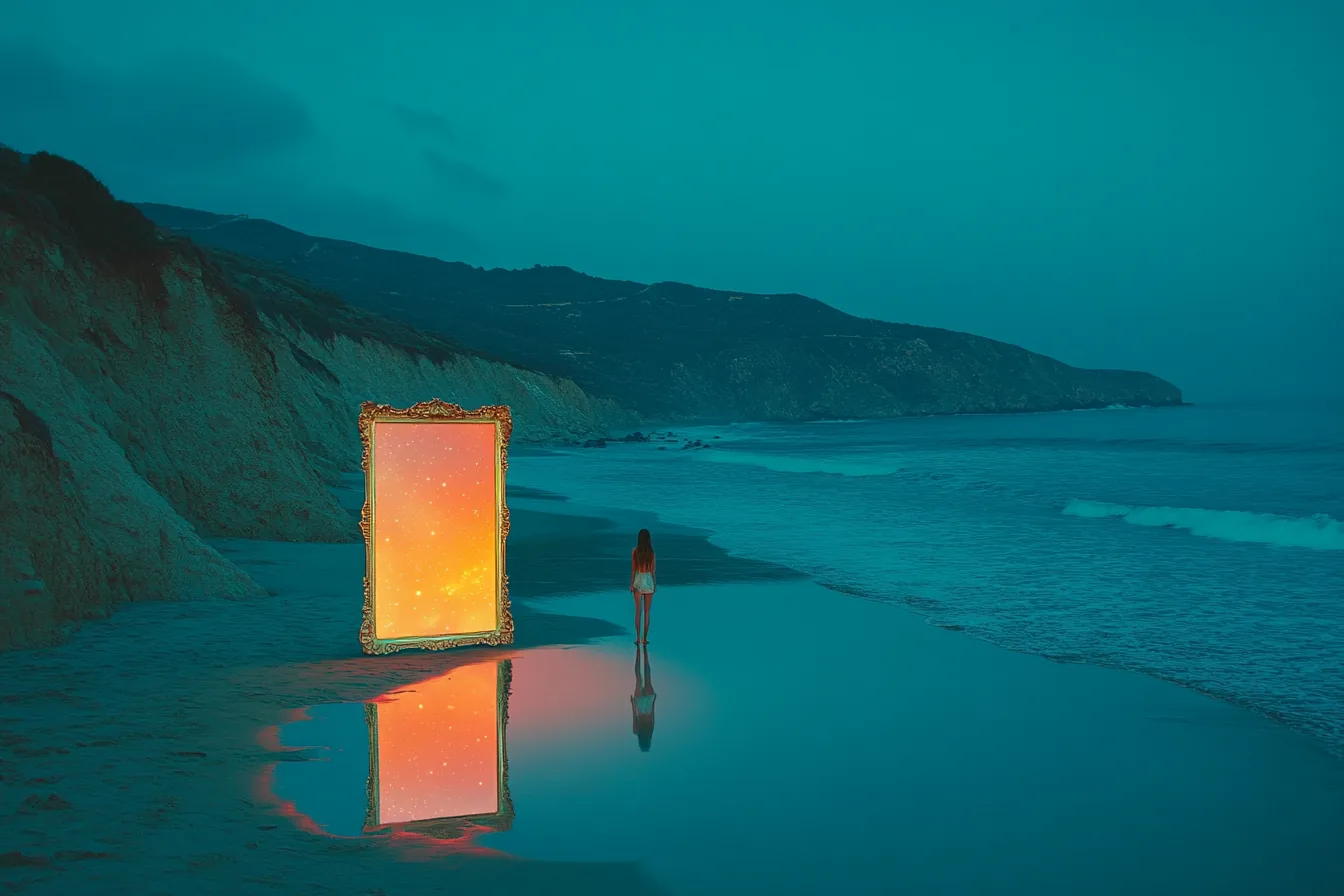 Espejo dorado con cielo estrellado en una playa nocturna