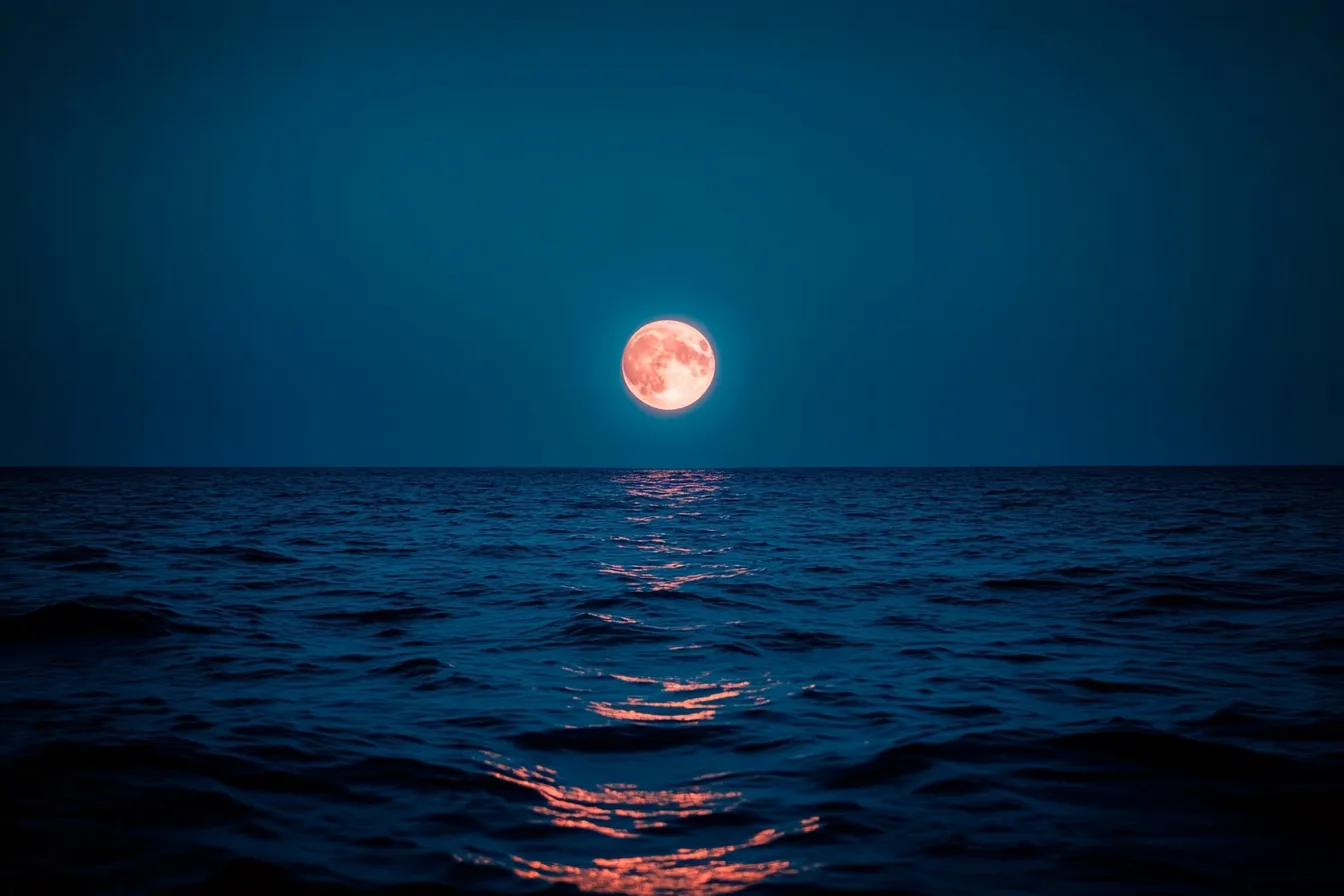 Luna llena reflejada en el mar en calma