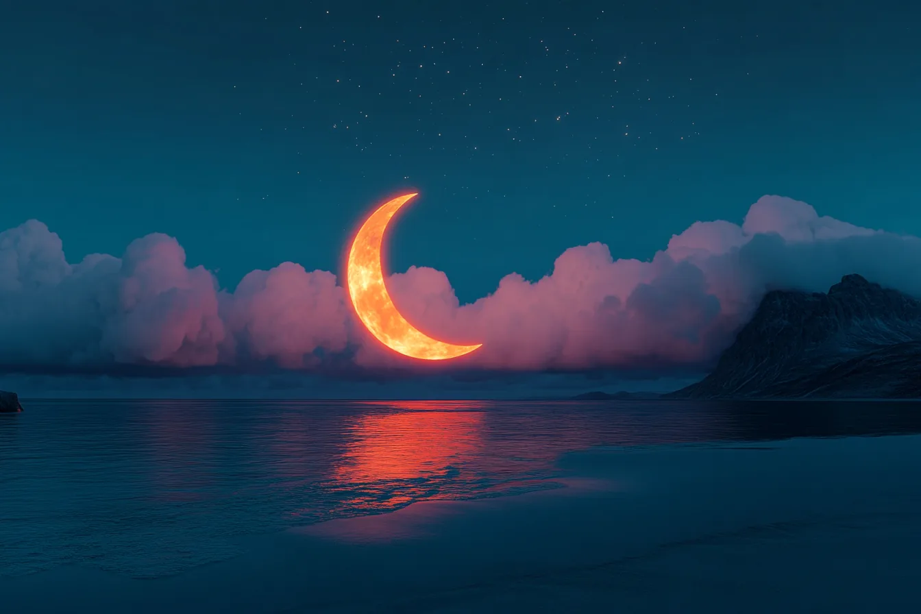 Luna creciente dorada entre nubes sobre el mar