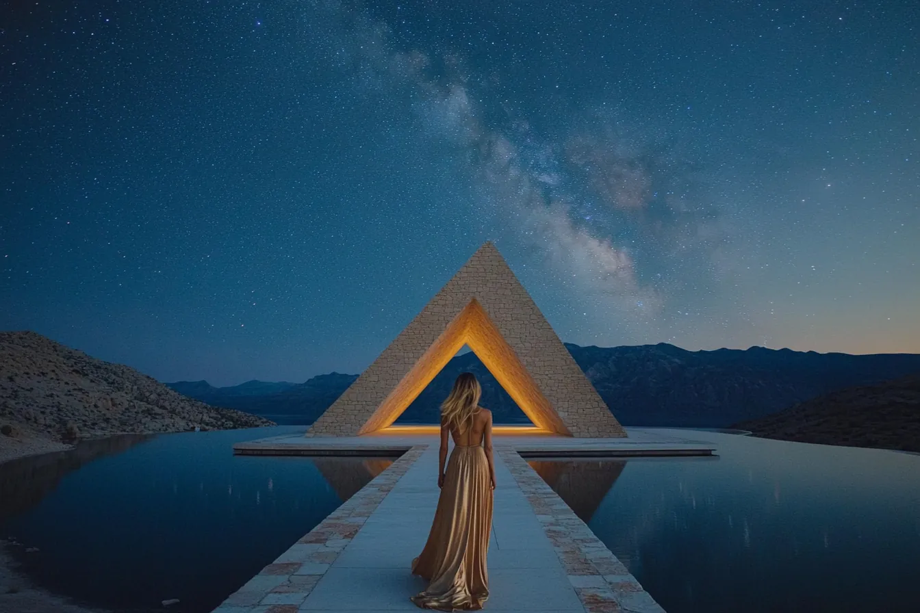 Portal triangular iluminado bajo un cielo estrellado