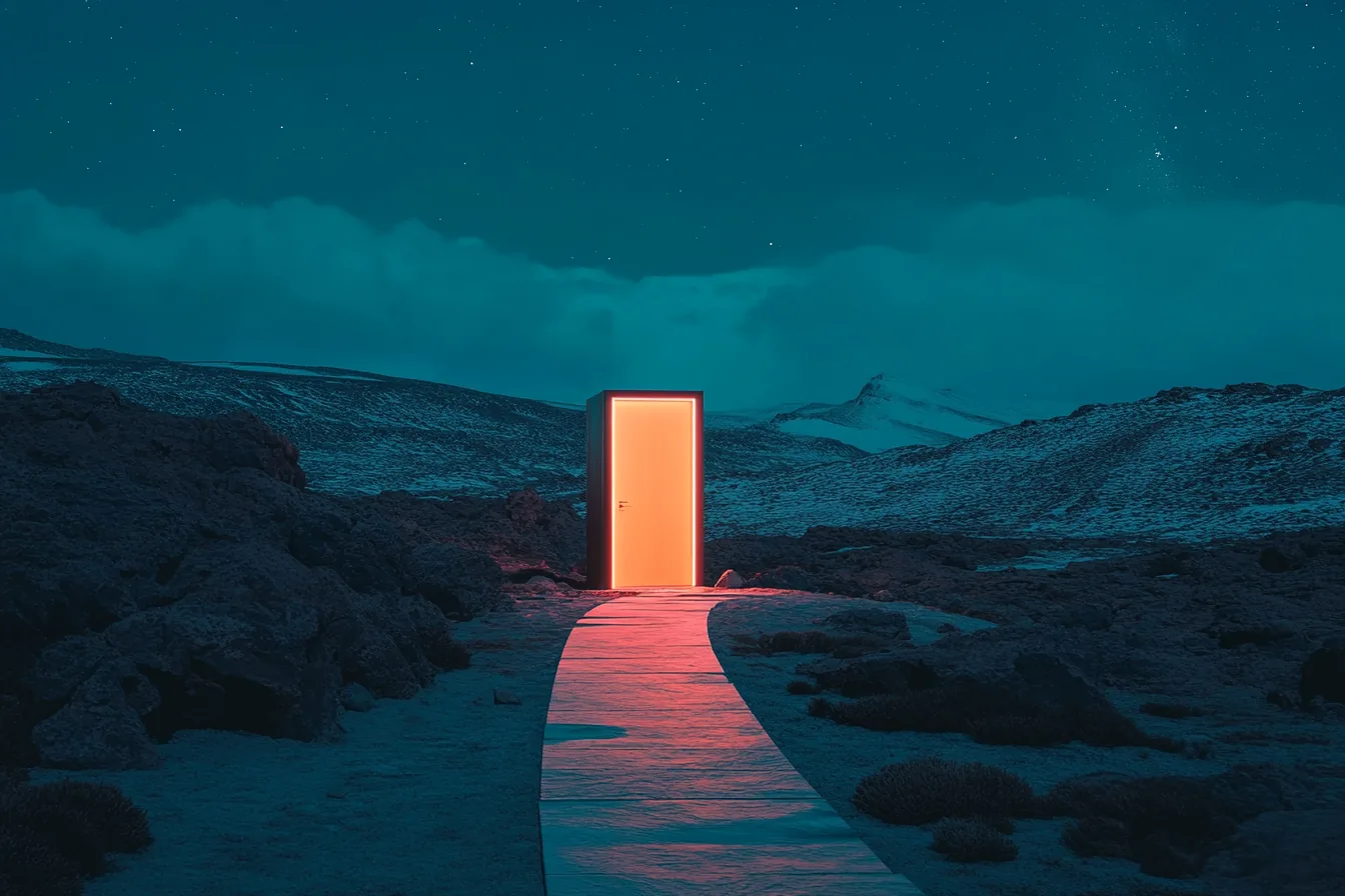 Puerta dorada luminosa al final de un camino nocturno
